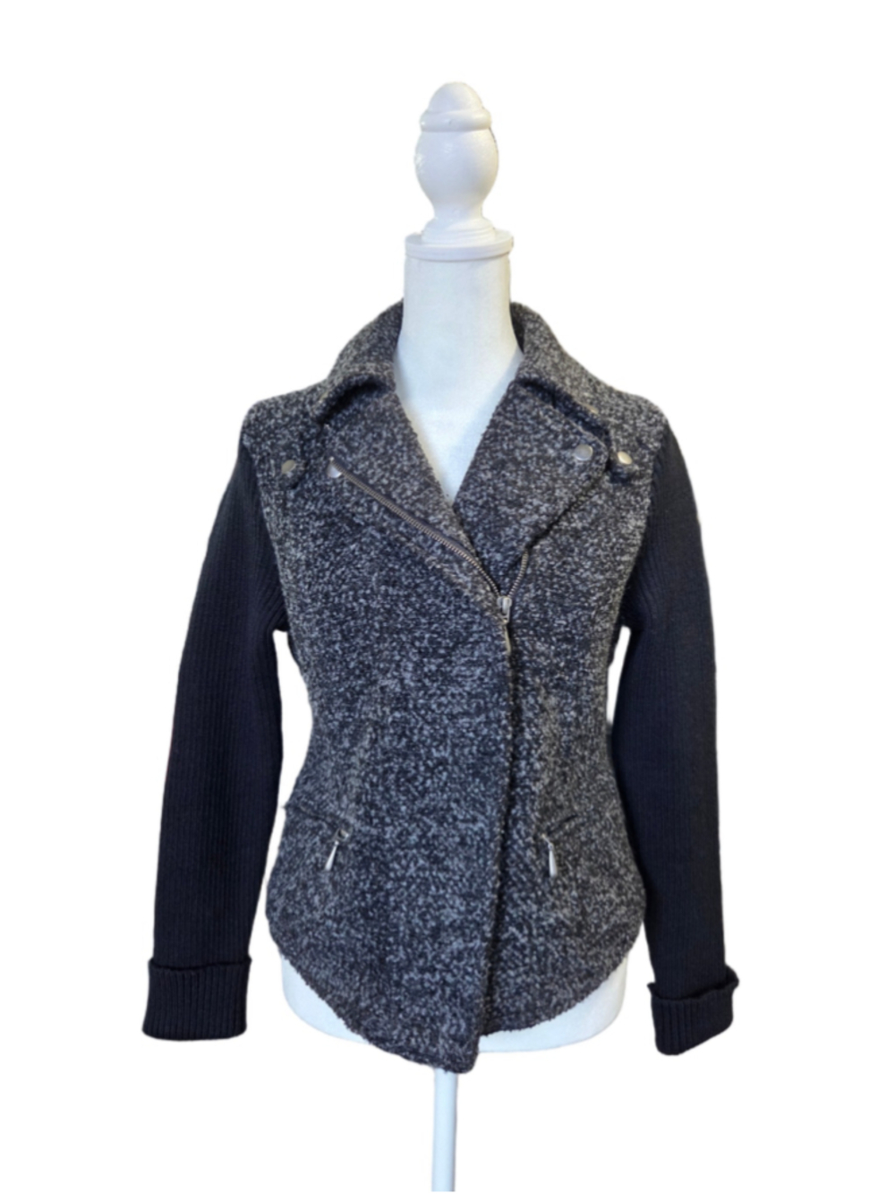 Women's Mossimo Moto Jacket Size M Grey Black Knit Sleeve
